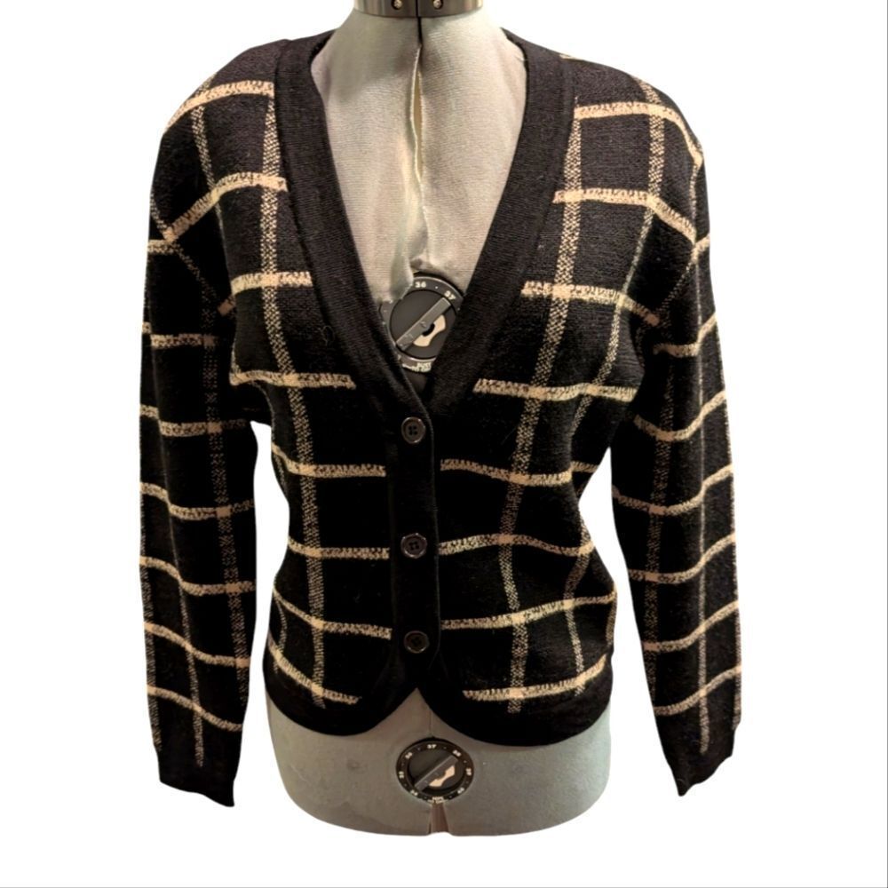 Anne Klein II women's vintage black and white striped wool knit cardigan sweater